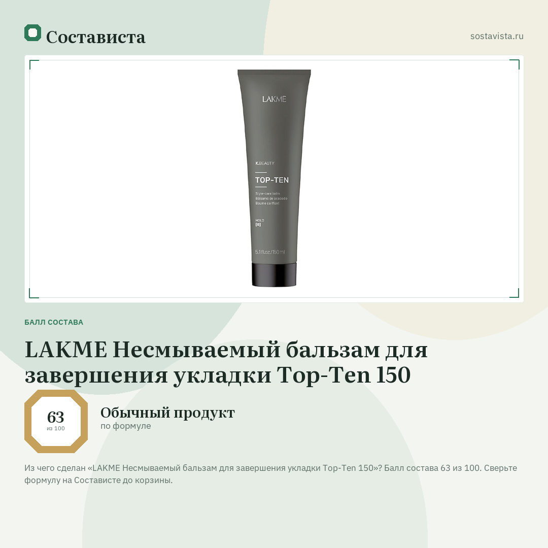 LAKME Несмываемый бальзам для завершения укладки Top-Ten 150: балл состава 63 из 100 — Состависта