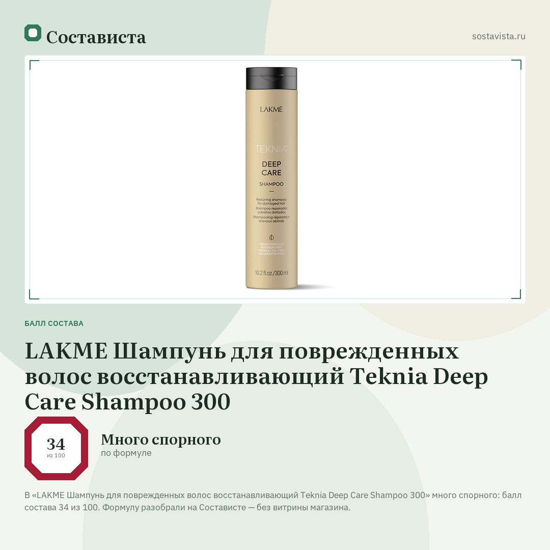 LAKME Шампунь для поврежденных волос восстанавливающий Teknia Deep Care Shampoo 300: балл состава 34 из 100 — Состависта