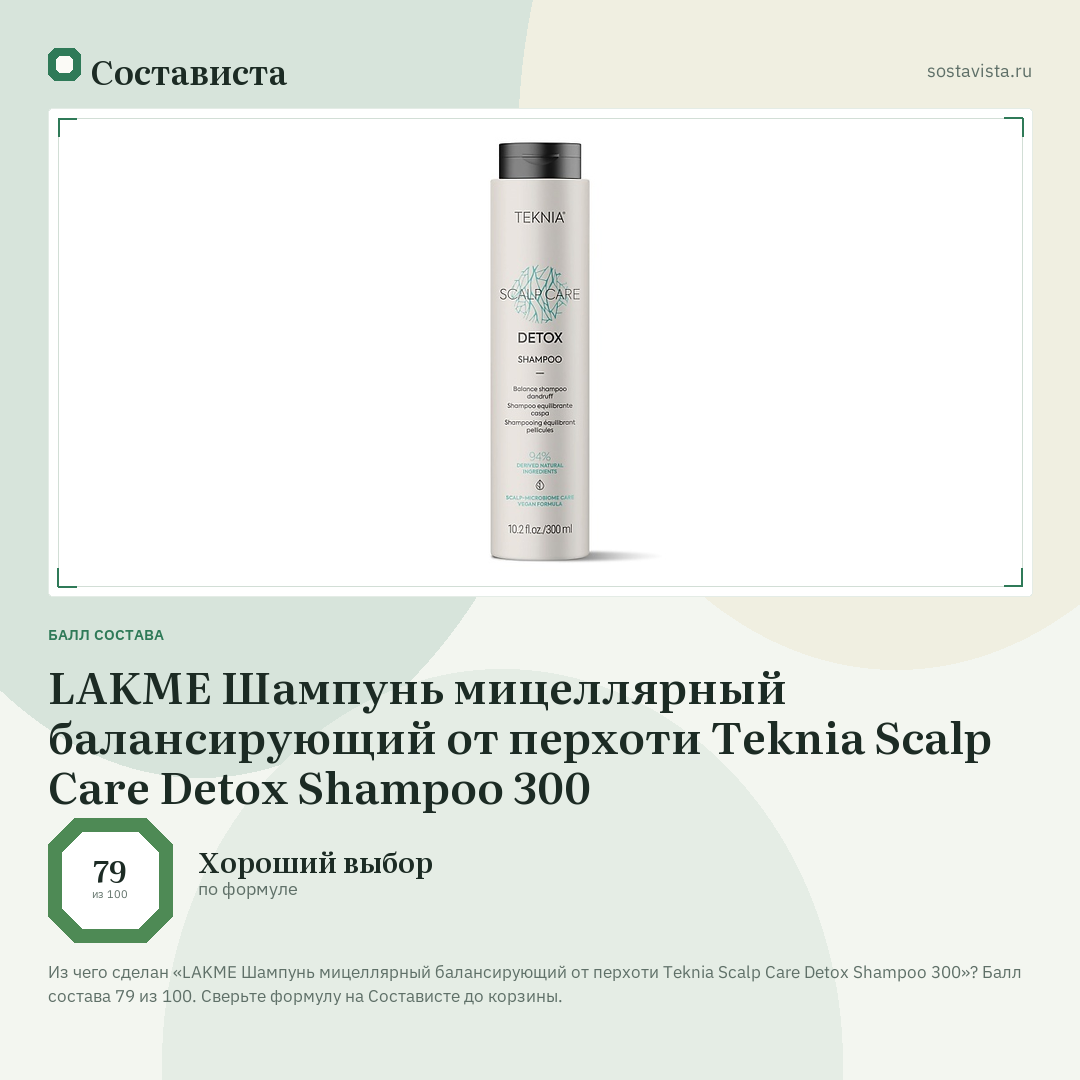 LAKME Шампунь мицеллярный балансирующий от перхоти Teknia Scalp Care Detox Shampoo 300: балл состава 79 из 100 — Состависта