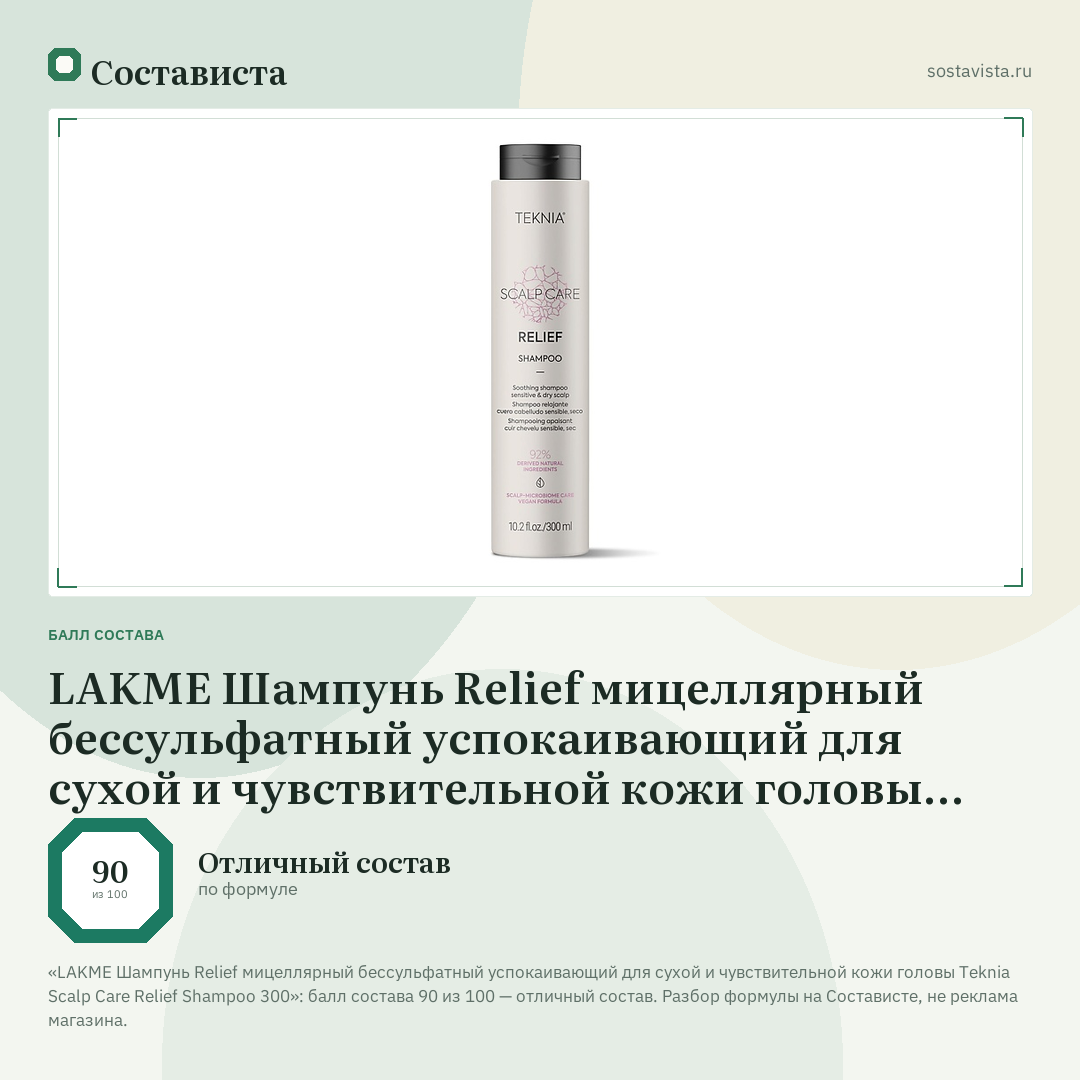 LAKME Шампунь Relief мицеллярный бессульфатный успокаивающий для сухой и чувствительной кожи головы Teknia Scalp Care Relief Shampoo 300: балл состава 90 из 100 — Состависта