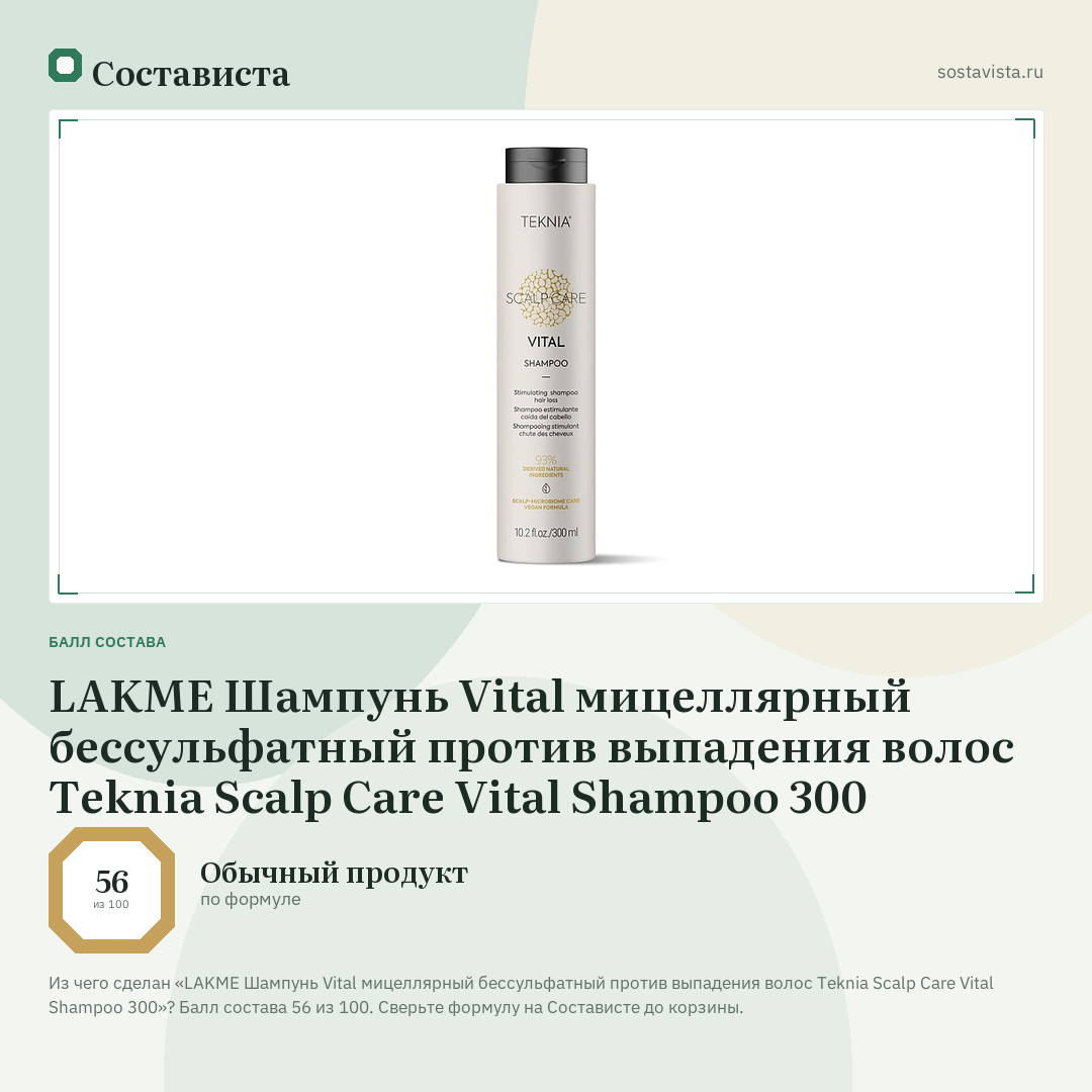LAKME Шампунь Vital мицеллярный бессульфатный против выпадения волос Teknia Scalp Care Vital Shampoo 300: балл состава 56 из 100 — Состависта