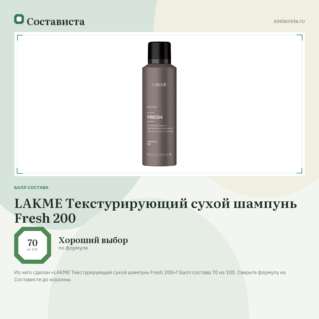 LAKME Текстурирующий сухой шампунь Fresh 200: балл состава 70 из 100 — Состависта