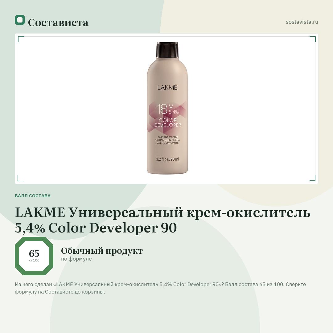 LAKME Универсальный крем-окислитель 5,4% Color Developer 90: балл состава 65 из 100 — Состависта