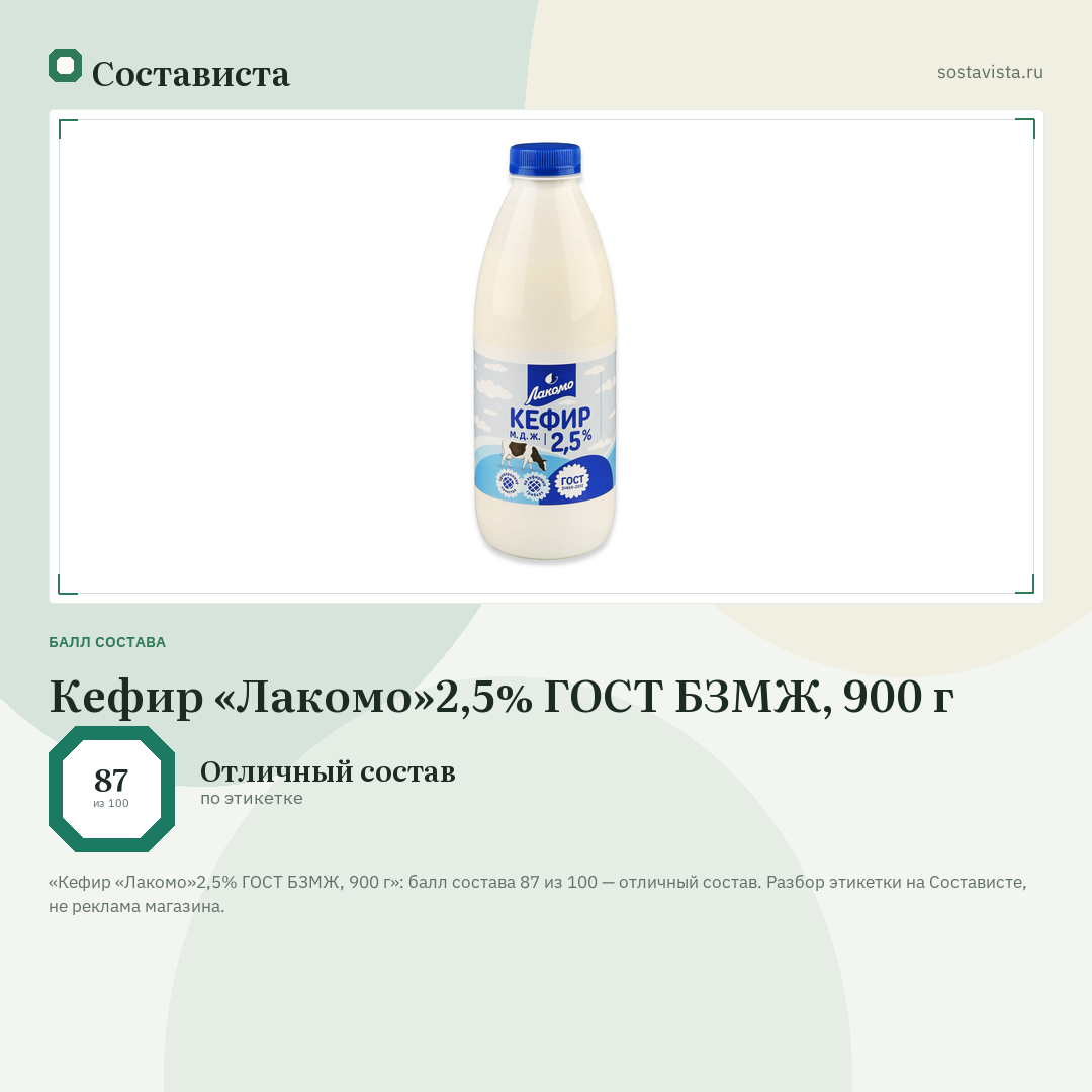 Кефир «Лакомо»2,5% ГОСТ БЗМЖ, 900 г: балл состава 87 из 100 — Состависта
