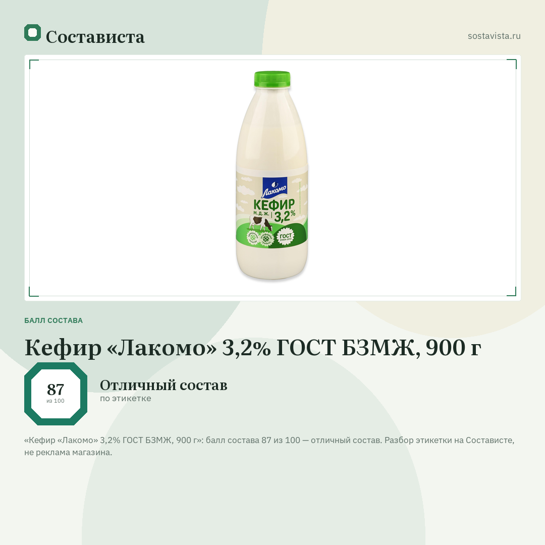 Кефир «Лакомо» 3,2% ГОСТ БЗМЖ, 900 г: балл состава 87 из 100 — Состависта