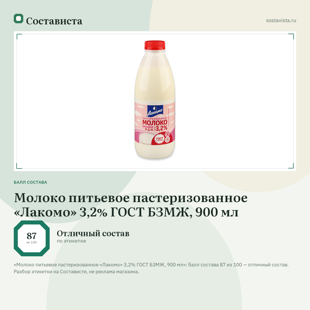 Молоко питьевое пастеризованное «Лакомо» 3,2% ГОСТ БЗМЖ, 900 мл: балл состава 87 из 100 — Состависта
