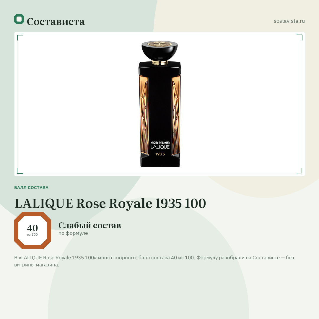 LALIQUE Rose Royale 1935 100: балл состава 40 из 100 — Состависта