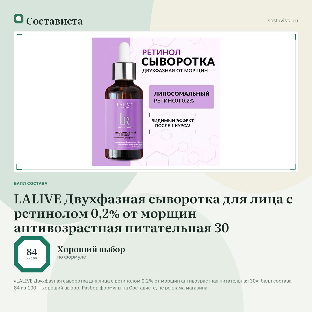 LALIVE Двухфазная сыворотка для лица с ретинолом 0,2% от морщин антивозрастная питательная 30: балл состава 84 из 100 — Состависта