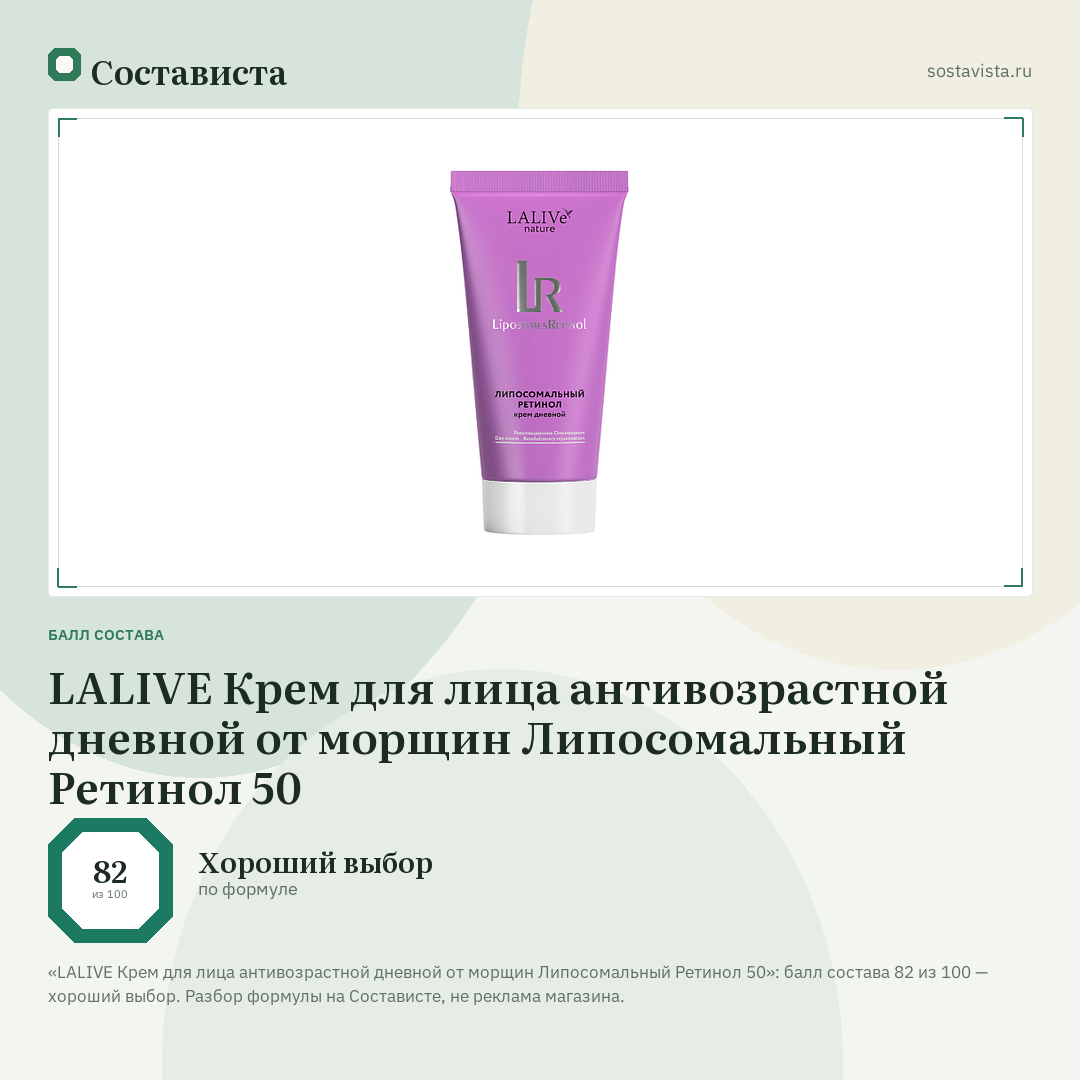 LALIVE Крем для лица антивозрастной дневной от морщин Липосомальный Ретинол 50: балл состава 82 из 100 — Состависта