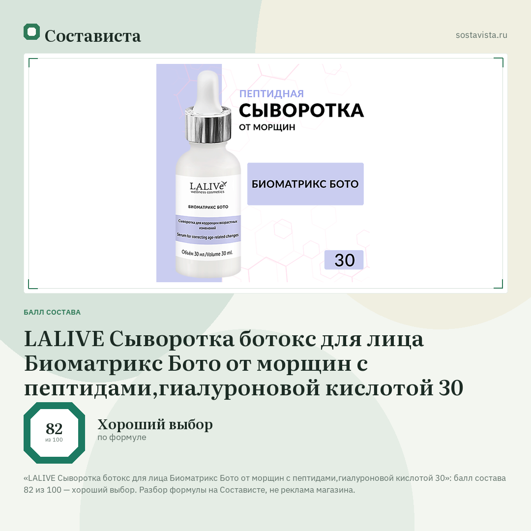 LALIVE Сыворотка ботокс для лица Биоматрикс Бото от морщин с пептидами,гиалуроновой кислотой 30: балл состава 82 из 100 — Состависта
