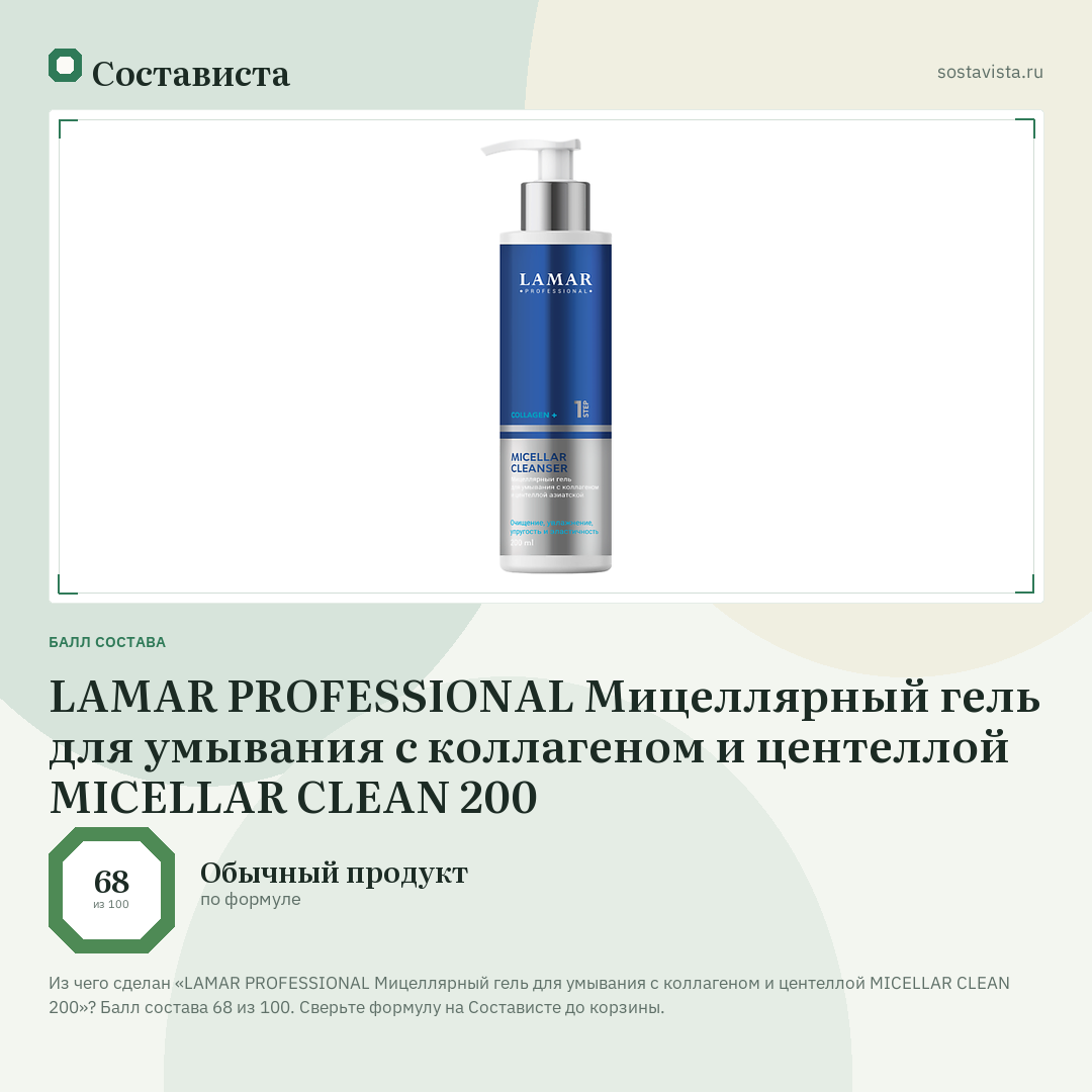 LAMAR PROFESSIONAL Мицеллярный гель для умывания с коллагеном и центеллой MICELLAR CLEAN 200: балл состава 68 из 100 — Состависта