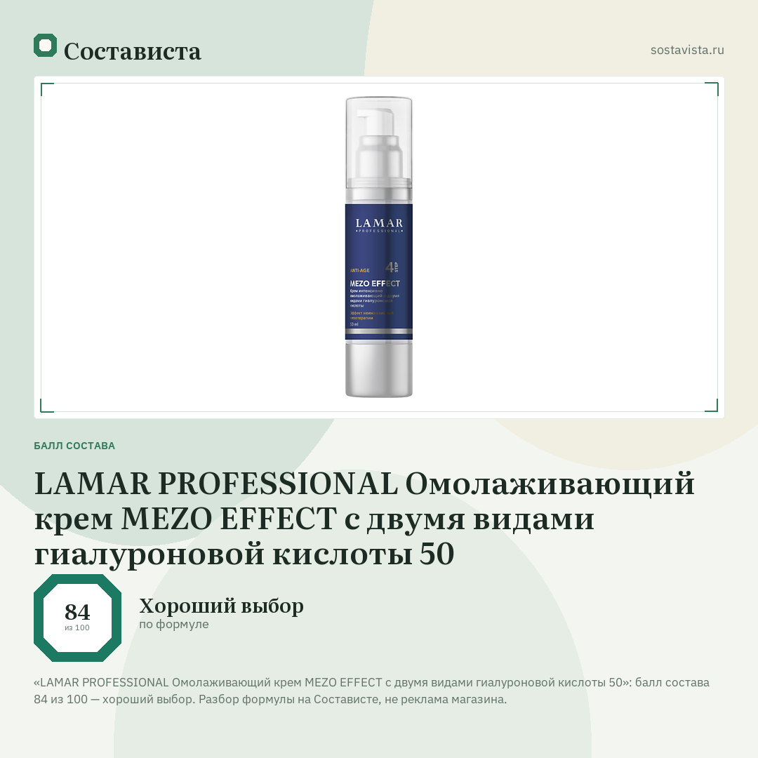 LAMAR PROFESSIONAL Омолаживающий крем MEZO EFFECT с двумя видами гиалуроновой кислоты 50: балл состава 84 из 100 — Состависта