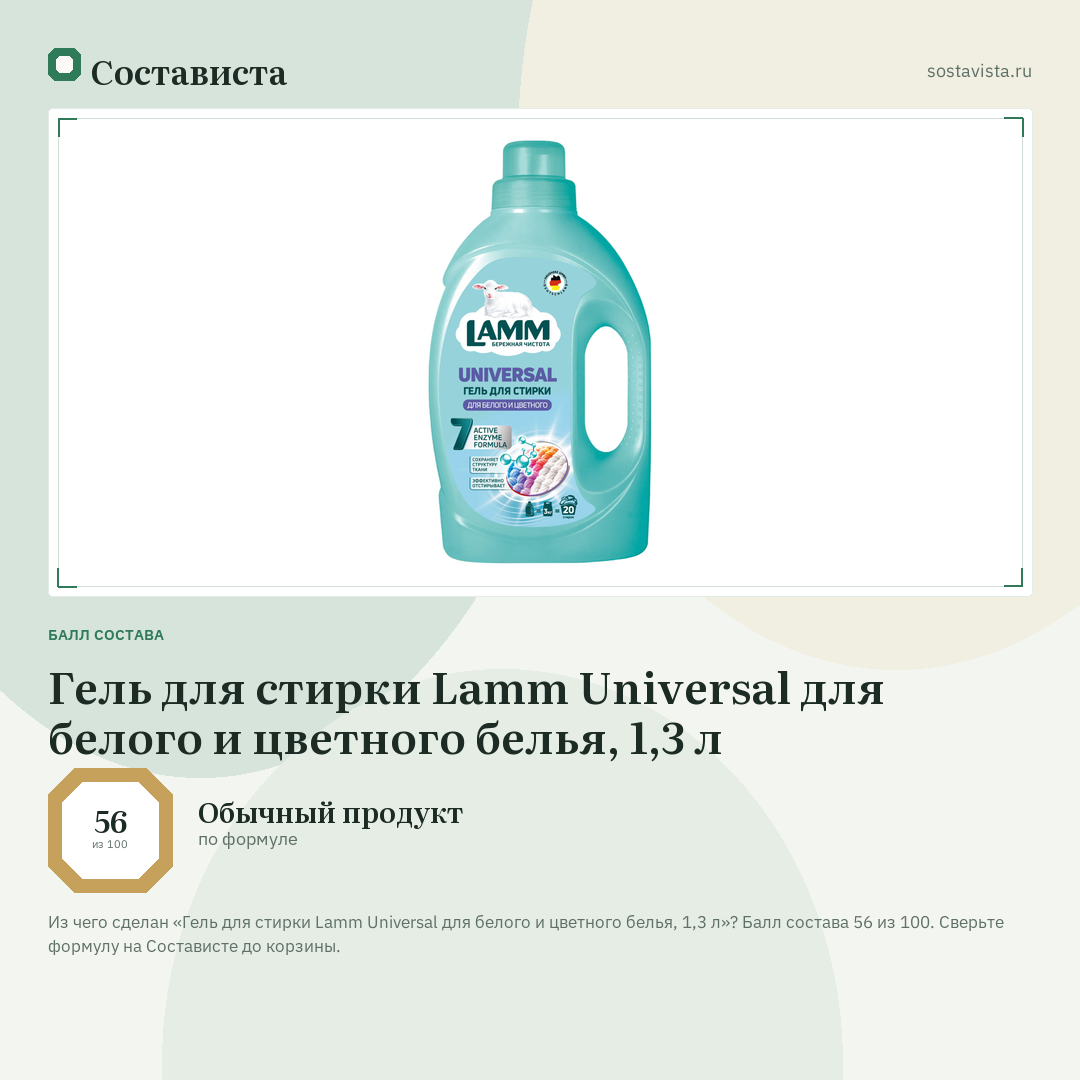 Гель для стирки Lamm Universal для белого и цветного белья, 1,3 л: балл состава 56 из 100 — Состависта