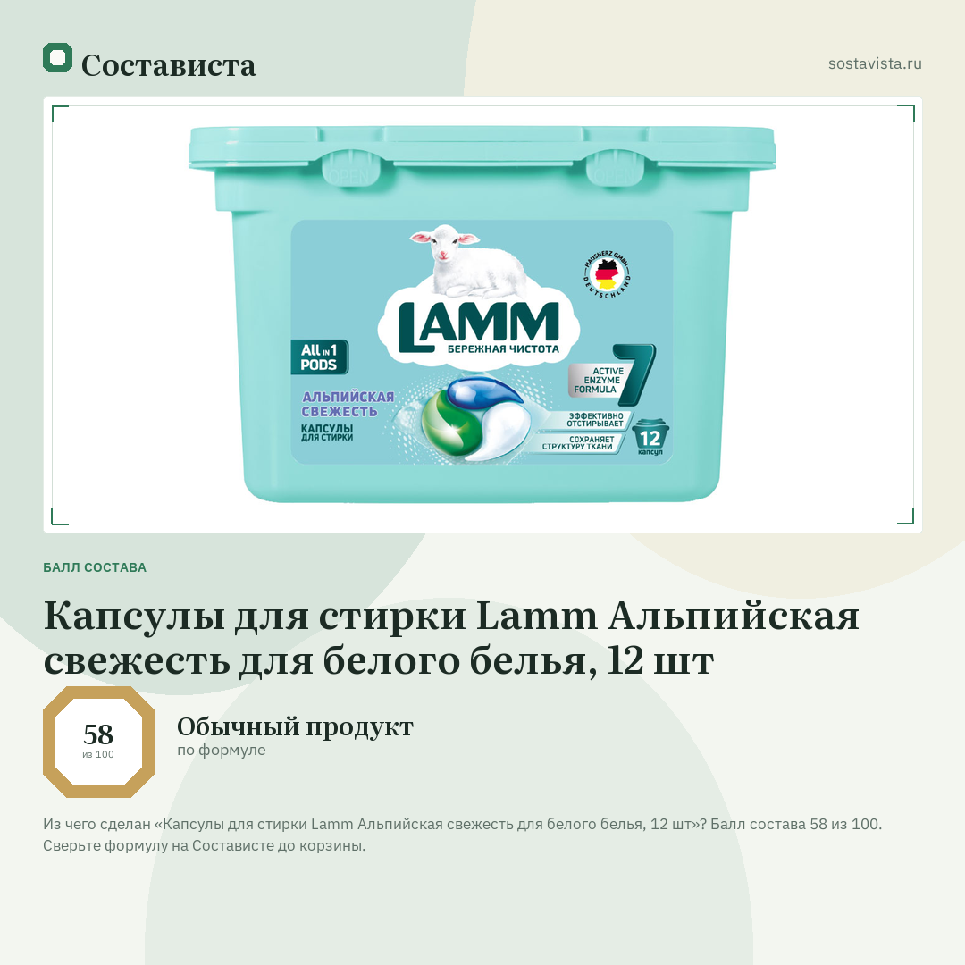 Капсулы для стирки Lamm Альпийская свежесть для белого белья, 12 шт: балл состава 58 из 100 — Состависта
