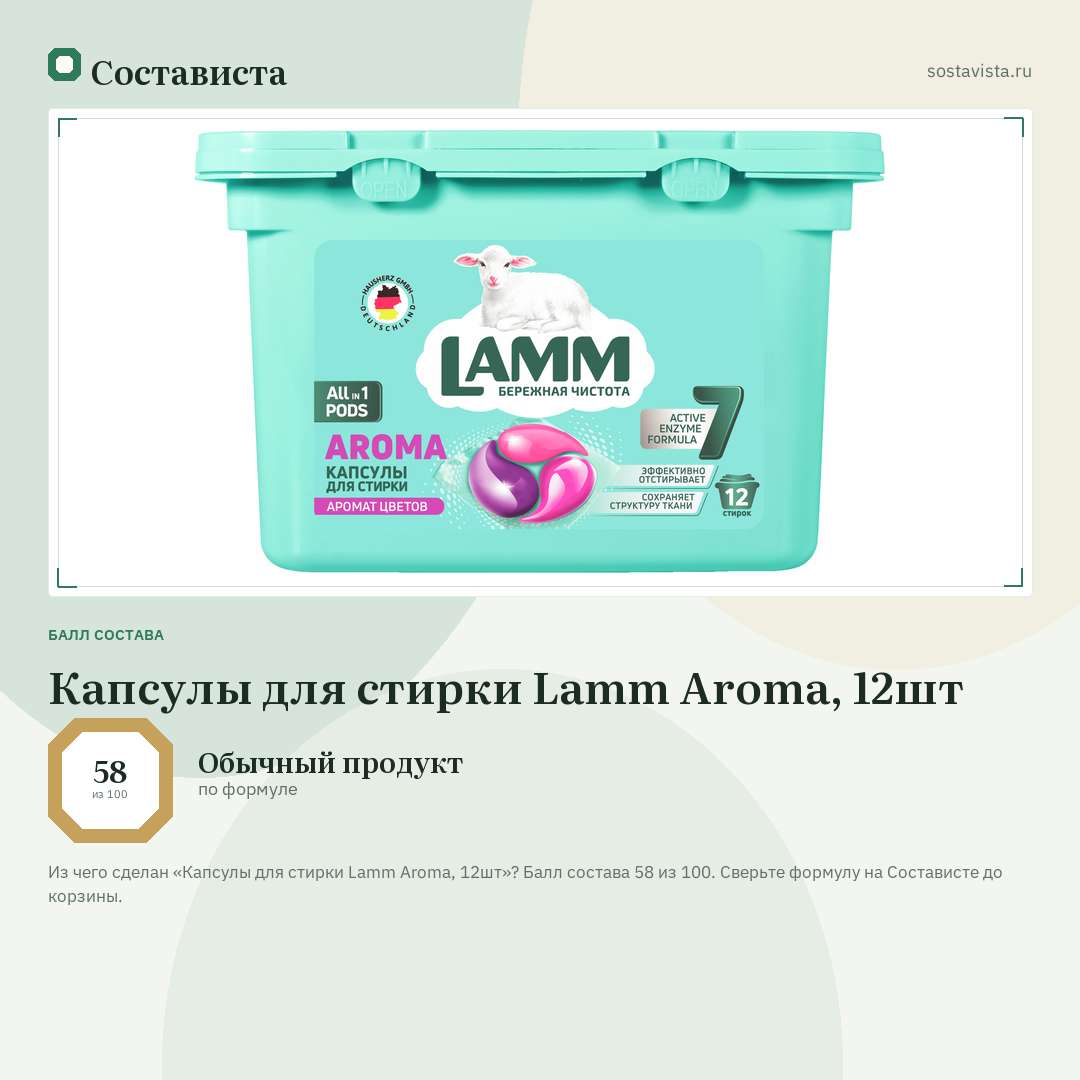 Капсулы для стирки Lamm Aroma, 12шт: балл состава 58 из 100 — Состависта