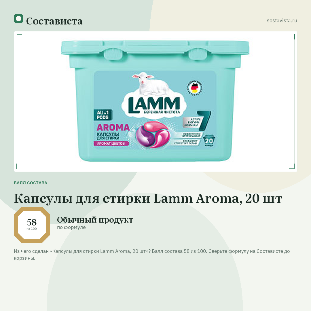 Капсулы для стирки Lamm Aroma, 20 шт: балл состава 58 из 100 — Состависта