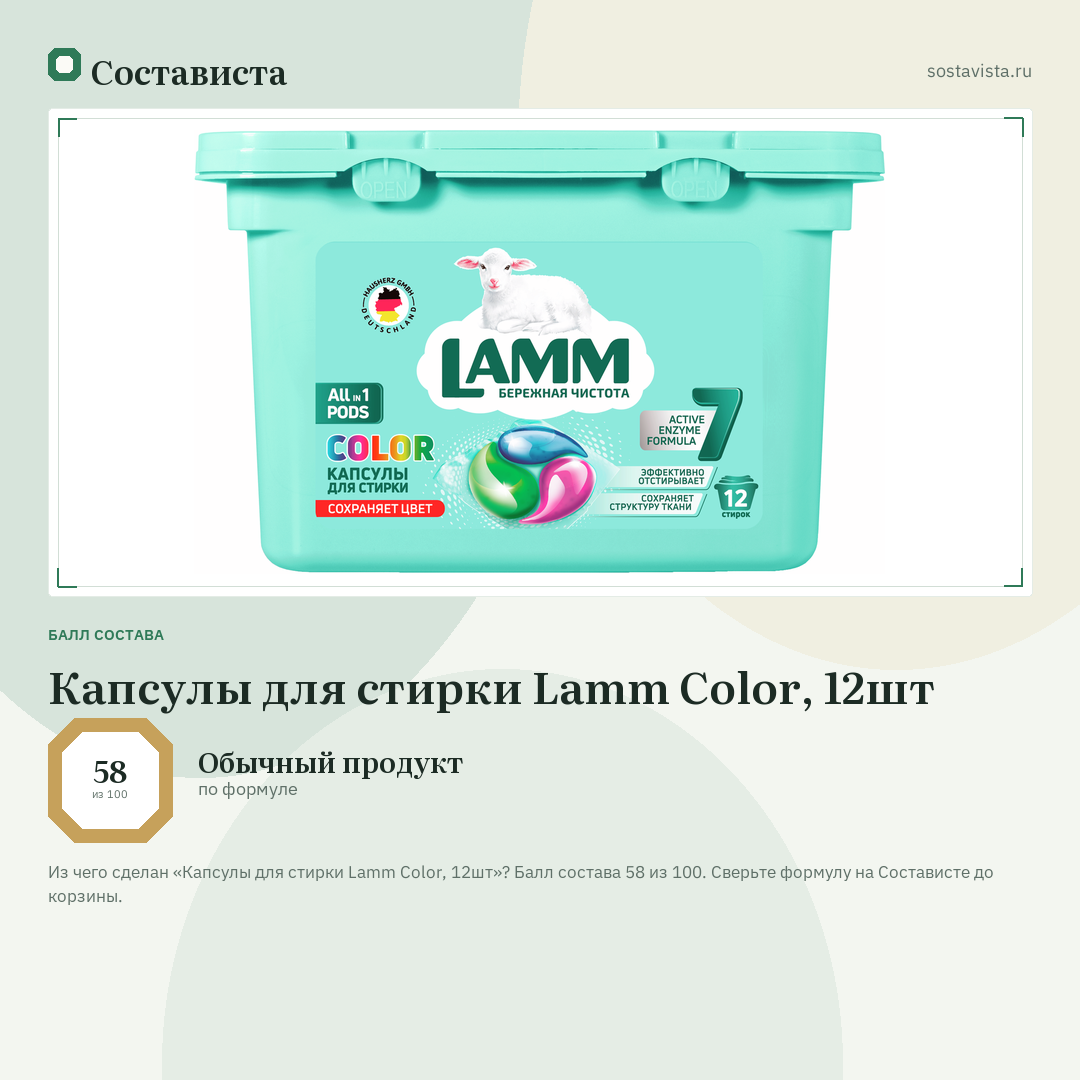 Капсулы для стирки Lamm Color, 12шт: балл состава 58 из 100 — Состависта
