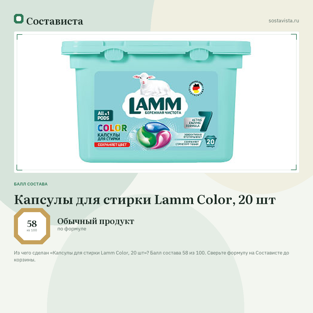 Капсулы для стирки Lamm Color, 20 шт: балл состава 58 из 100 — Состависта