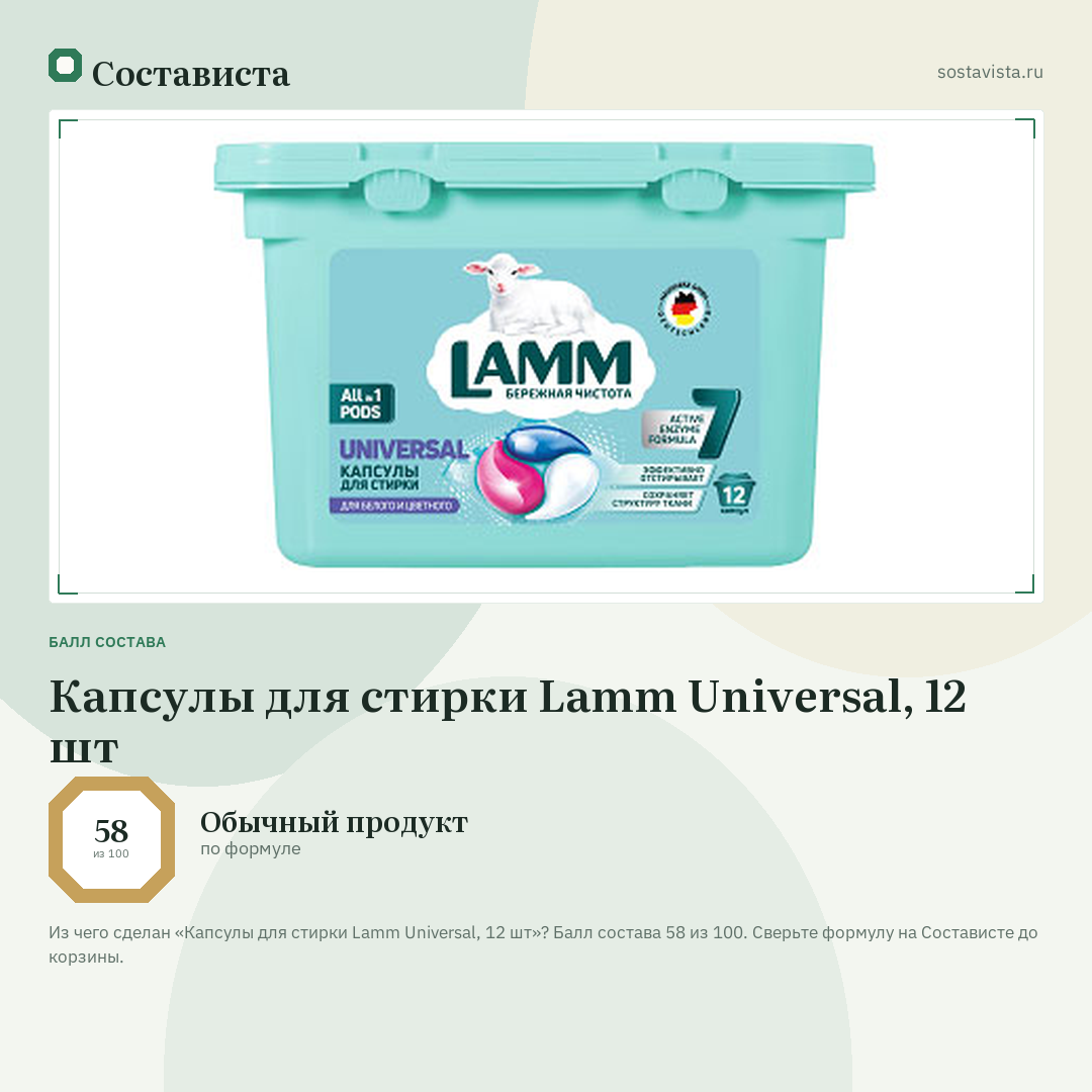 Капсулы для стирки Lamm Universal, 12 шт: балл состава 58 из 100 — Состависта