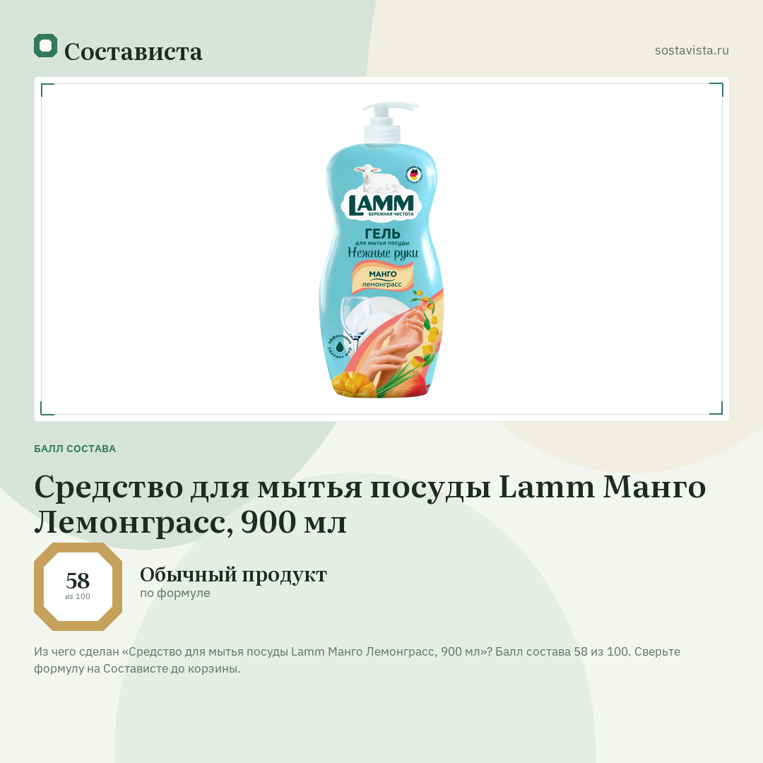 Средство для мытья посуды Lamm Манго Лемонграсс, 900 мл: балл состава 58 из 100 — Состависта