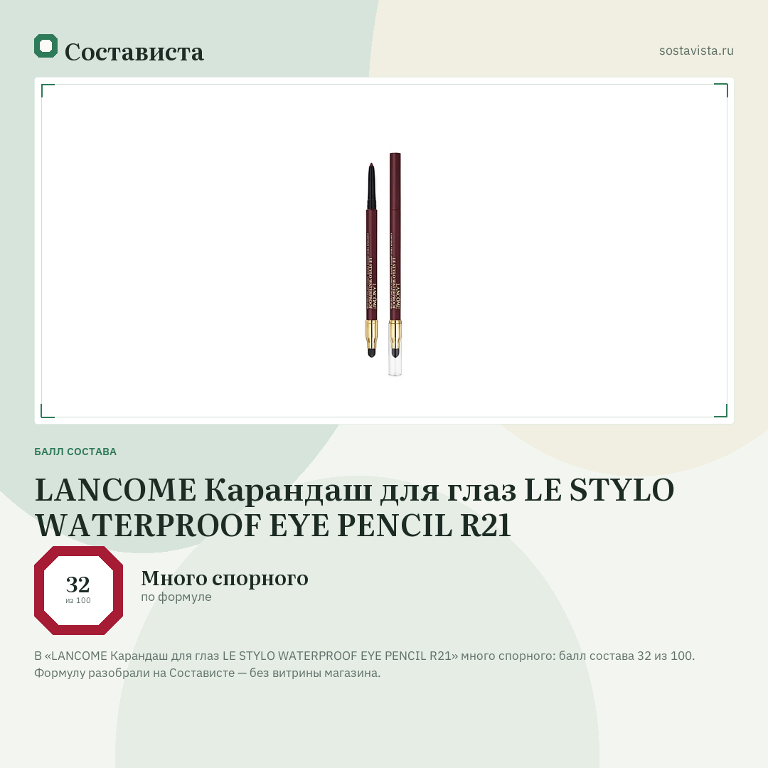 LANCOME Карандаш для глаз LE STYLO WATERPROOF EYE PENCIL R21: балл состава 32 из 100 — Состависта