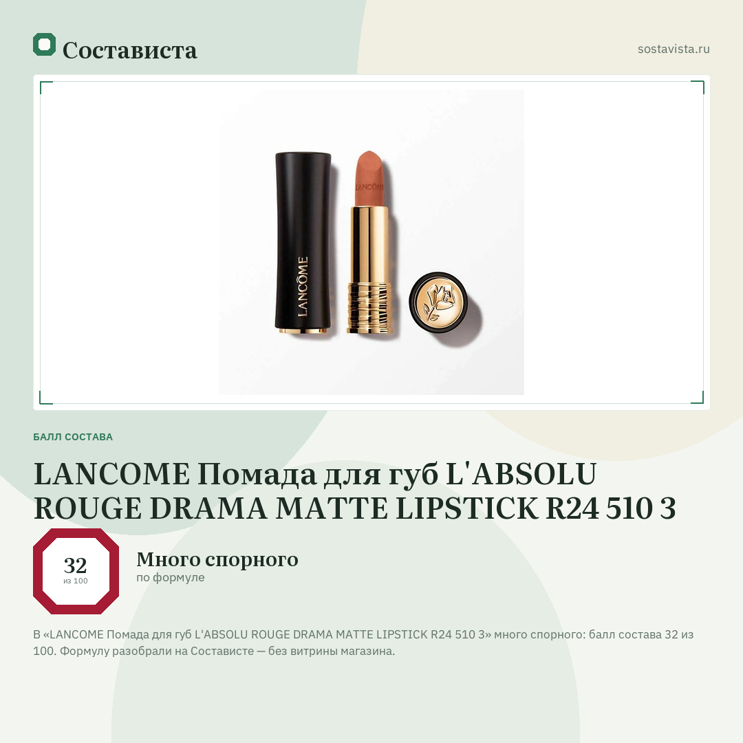 LANCOME Помада для губ L'ABSOLU ROUGE DRAMA MATTE LIPSTICK R24 510 3: балл состава 32 из 100 — Состависта