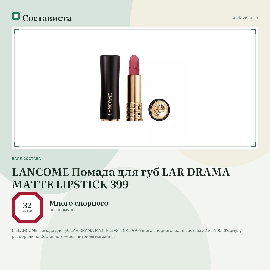 LANCOME Помада для губ LAR DRAMA MATTE LIPSTICK 399: балл состава 32 из 100 — Состависта