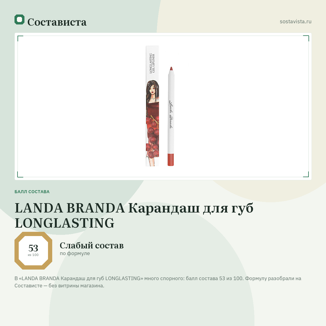 LANDA BRANDA Карандаш для губ LONGLASTING: балл состава 53 из 100 — Состависта