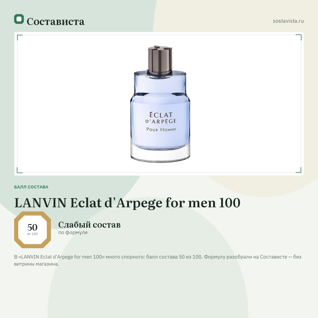 LANVIN Eclat d'Arpege for men 100: балл состава 50 из 100 — Состависта