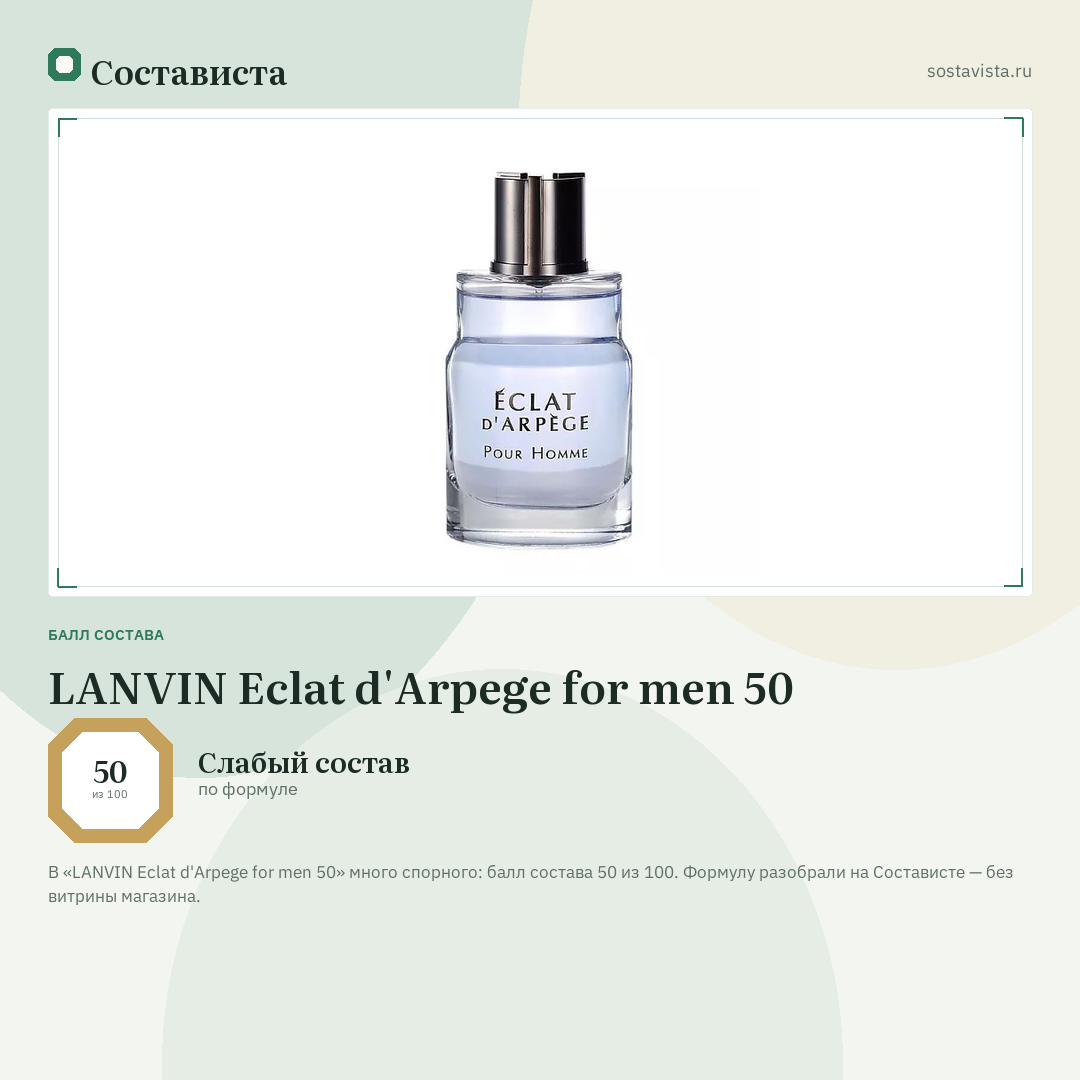 LANVIN Eclat d'Arpege for men 50: балл состава 50 из 100 — Состависта