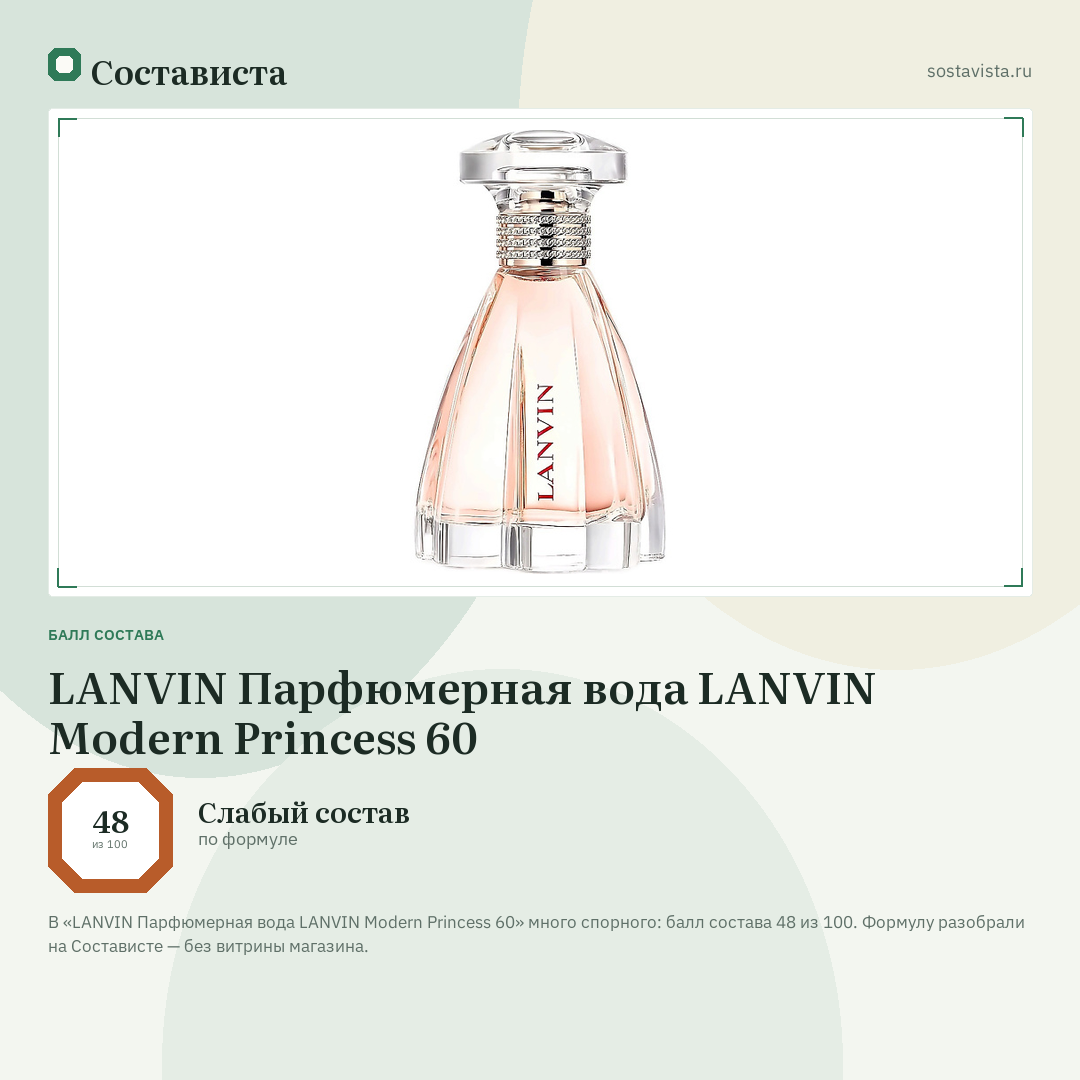 LANVIN Парфюмерная вода LANVIN Modern Princess 60: балл состава 48 из 100 — Состависта