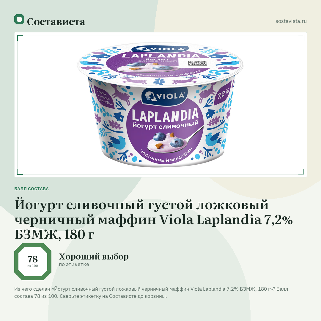 Йогурт сливочный густой ложковый черничный маффин Viola Laplandia 7,2% БЗМЖ, 180 г: балл состава 78 из 100 — Состависта