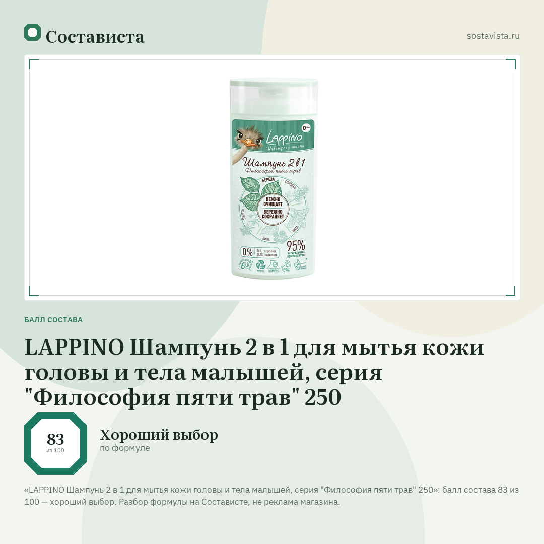 LAPPINO Шампунь 2 в 1 для мытья кожи головы и тела малышей, серия "Философия пяти трав" 250: балл состава 83 из 100 — Состависта