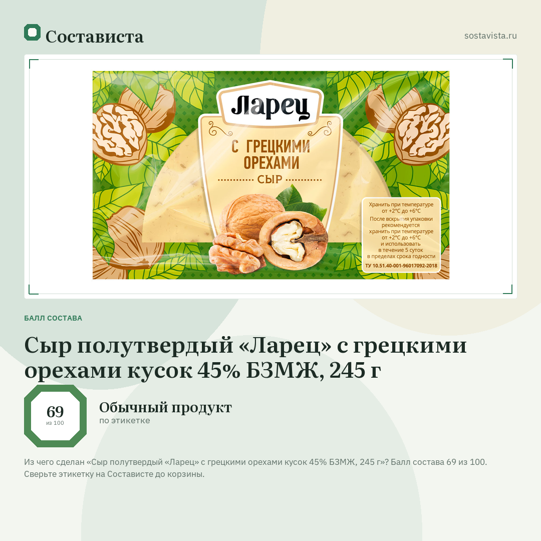 Сыр полутвердый «Ларец» с грецкими орехами кусок 45% БЗМЖ, 245 г: балл состава 69 из 100 — Состависта