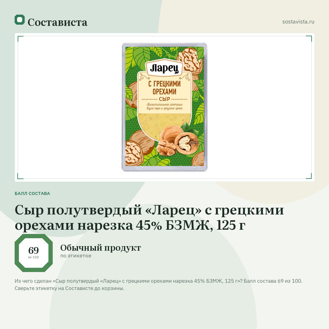 Сыр полутвердый «Ларец» с грецкими орехами нарезка 45% БЗМЖ, 125 г: балл состава 69 из 100 — Состависта