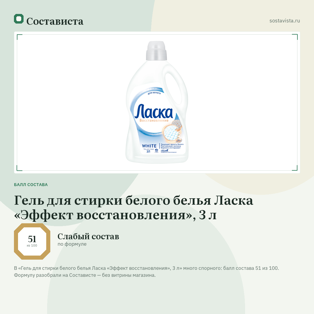 Гель для стирки белого белья Ласка «Эффект восстановления», 3 л: балл состава 51 из 100 — Состависта