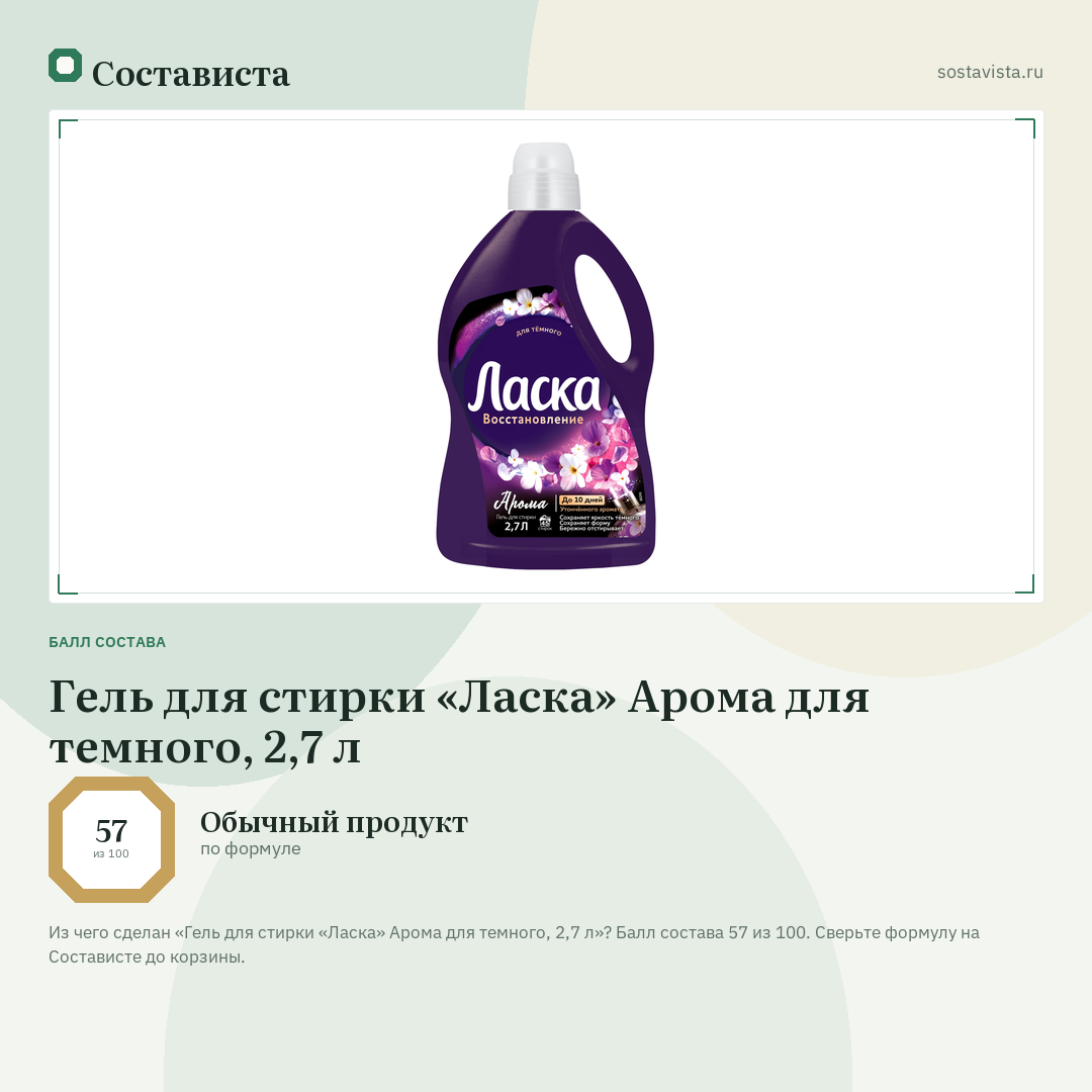 Гель для стирки «Ласка» Арома для темного, 2,7 л: балл состава 57 из 100 — Состависта