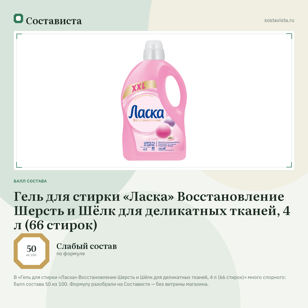 Гель для стирки «Ласка» Восстановление Шерсть и Шёлк для деликатных тканей, 4 л (66 стирок): балл состава 50 из 100 — Состависта