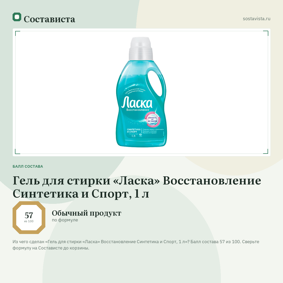 Гель для стирки «Ласка» Восстановление Синтетика и Спорт, 1 л: балл состава 57 из 100 — Состависта