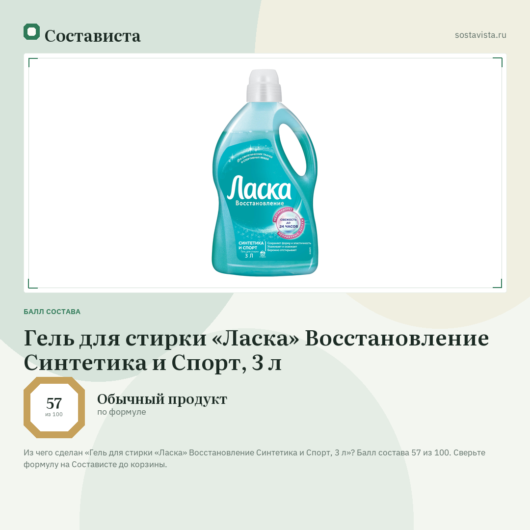 Гель для стирки «Ласка» Восстановление Синтетика и Спорт, 3 л: балл состава 57 из 100 — Состависта