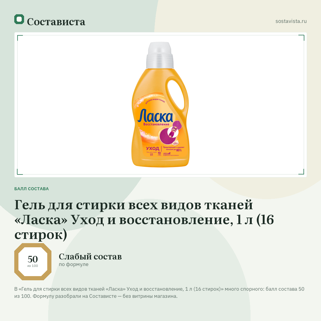 Гель для стирки всех видов тканей «Ласка» Уход и восстановление, 1 л (16 стирок): балл состава 50 из 100 — Состависта