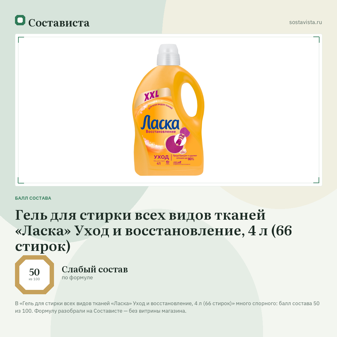 Гель для стирки всех видов тканей «Ласка» Уход и восстановление, 4 л (66 стирок): балл состава 50 из 100 — Состависта