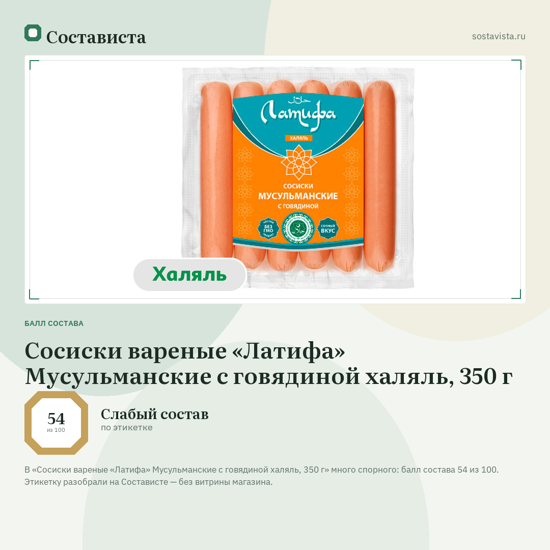 Сосиски вареные «Латифа» Мусульманские с говядиной халяль, 350 г: балл состава 54 из 100 — Состависта