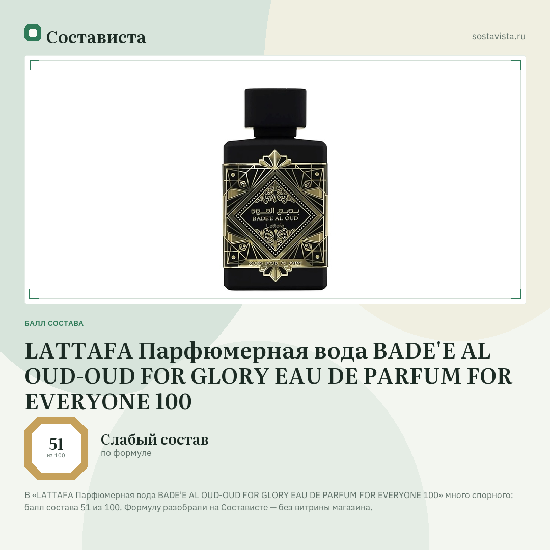 LATTAFA Парфюмерная вода BADE'E AL OUD-OUD FOR GLORY EAU DE PARFUM FOR EVERYONE 100: балл состава 51 из 100 — Состависта
