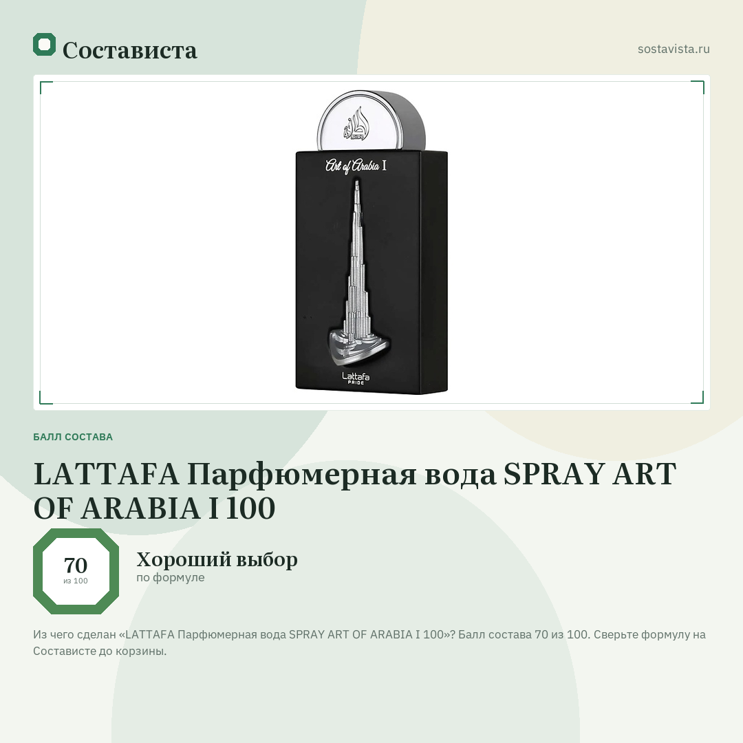 LATTAFA Парфюмерная вода SPRAY ART OF ARABIA I 100: балл состава 70 из 100 — Состависта