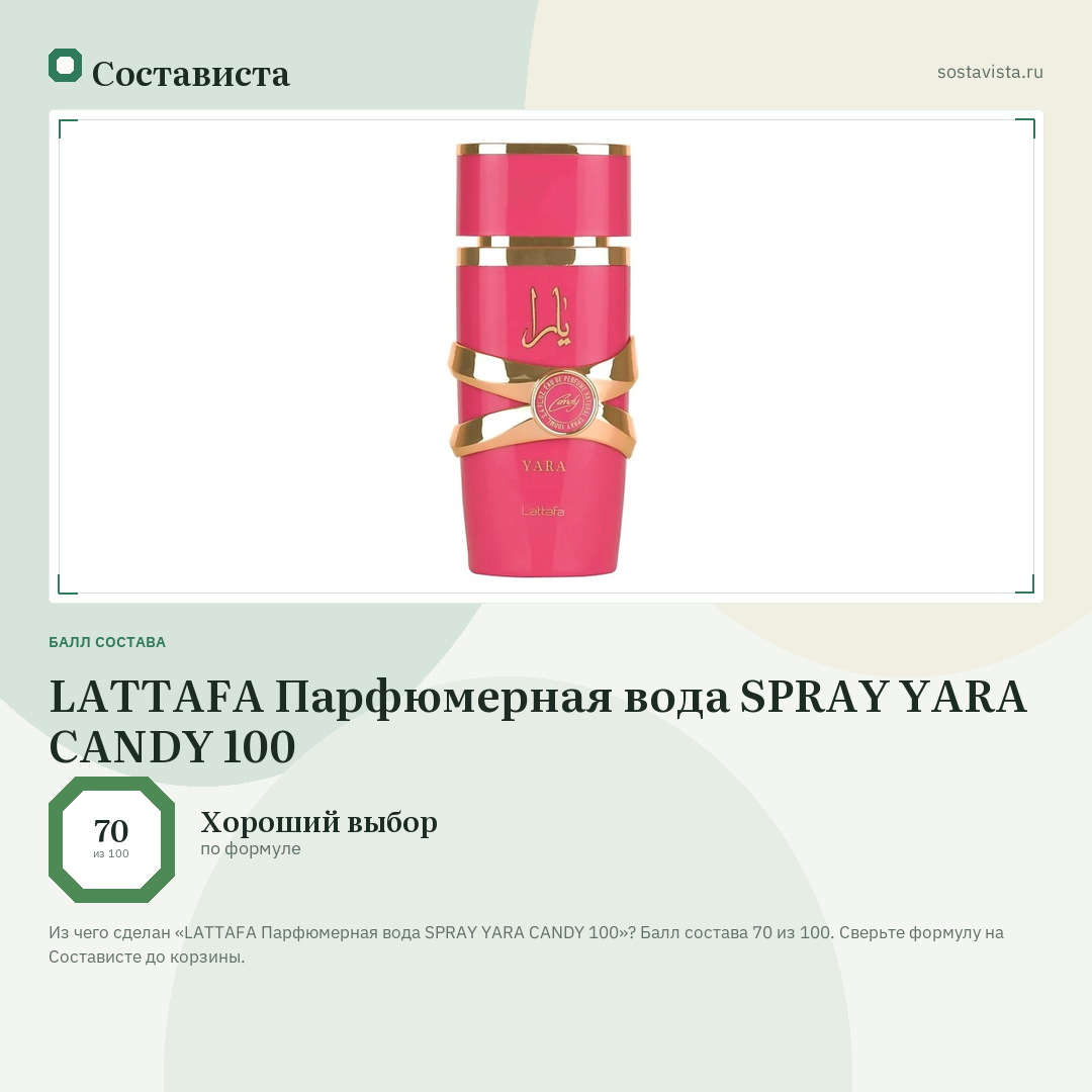 LATTAFA Парфюмерная вода SPRAY YARA CANDY 100: балл состава 70 из 100 — Состависта