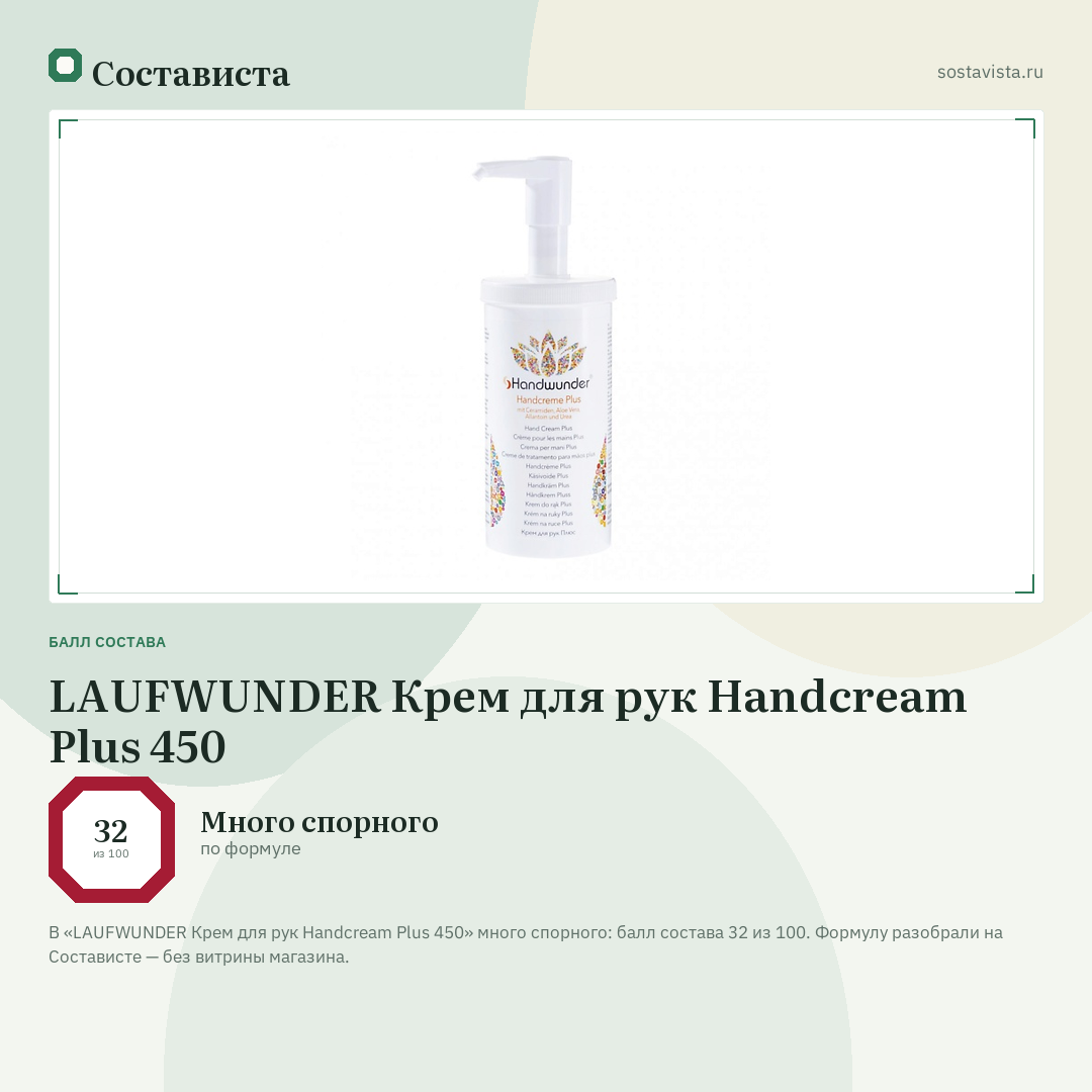 LAUFWUNDER Крем для рук Handcream Plus 450: балл состава 32 из 100 — Состависта