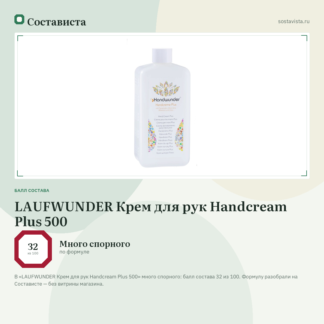 LAUFWUNDER Крем для рук Handcream Plus 500: балл состава 32 из 100 — Состависта