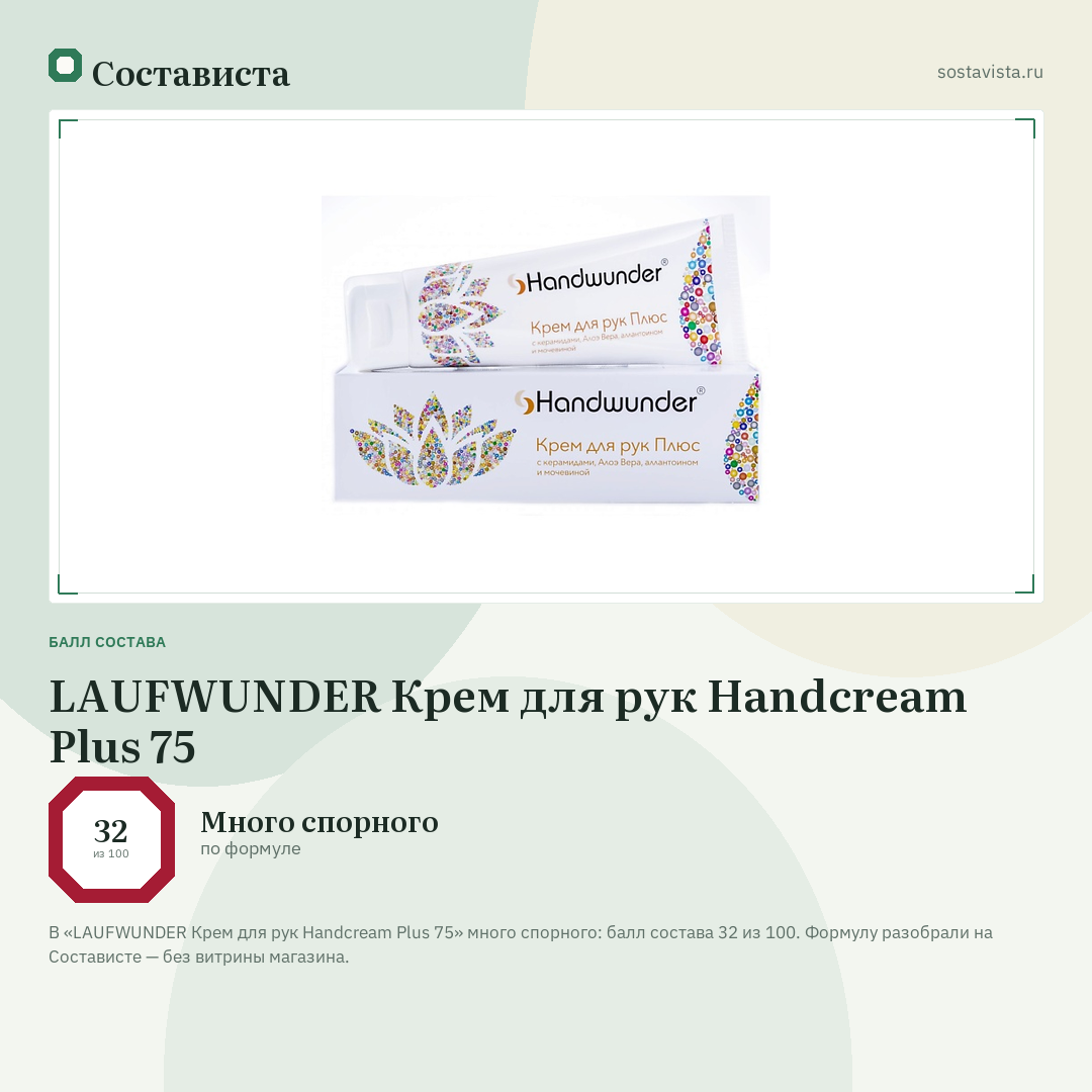 LAUFWUNDER Крем для рук Handcream Plus 75: балл состава 32 из 100 — Состависта