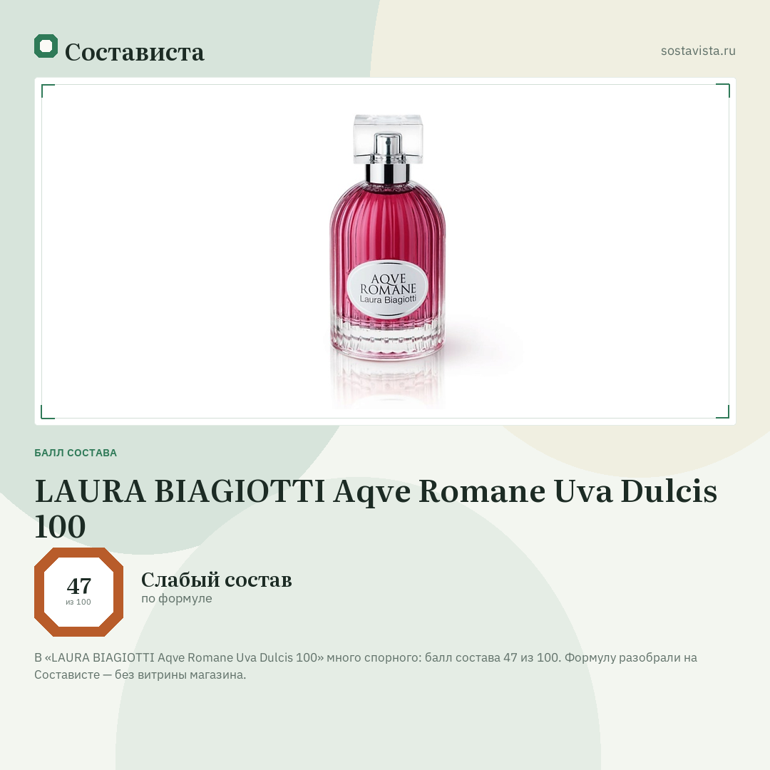 LAURA BIAGIOTTI Aqve Romane Uva Dulcis 100: балл состава 47 из 100 — Состависта